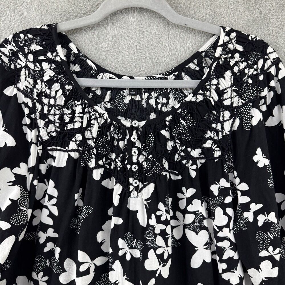 Talbots Top Womens L Black Butterfly Smocked Scoop Neck 3/4 Sleeves Elastic Cuff - Picture 3 of 15